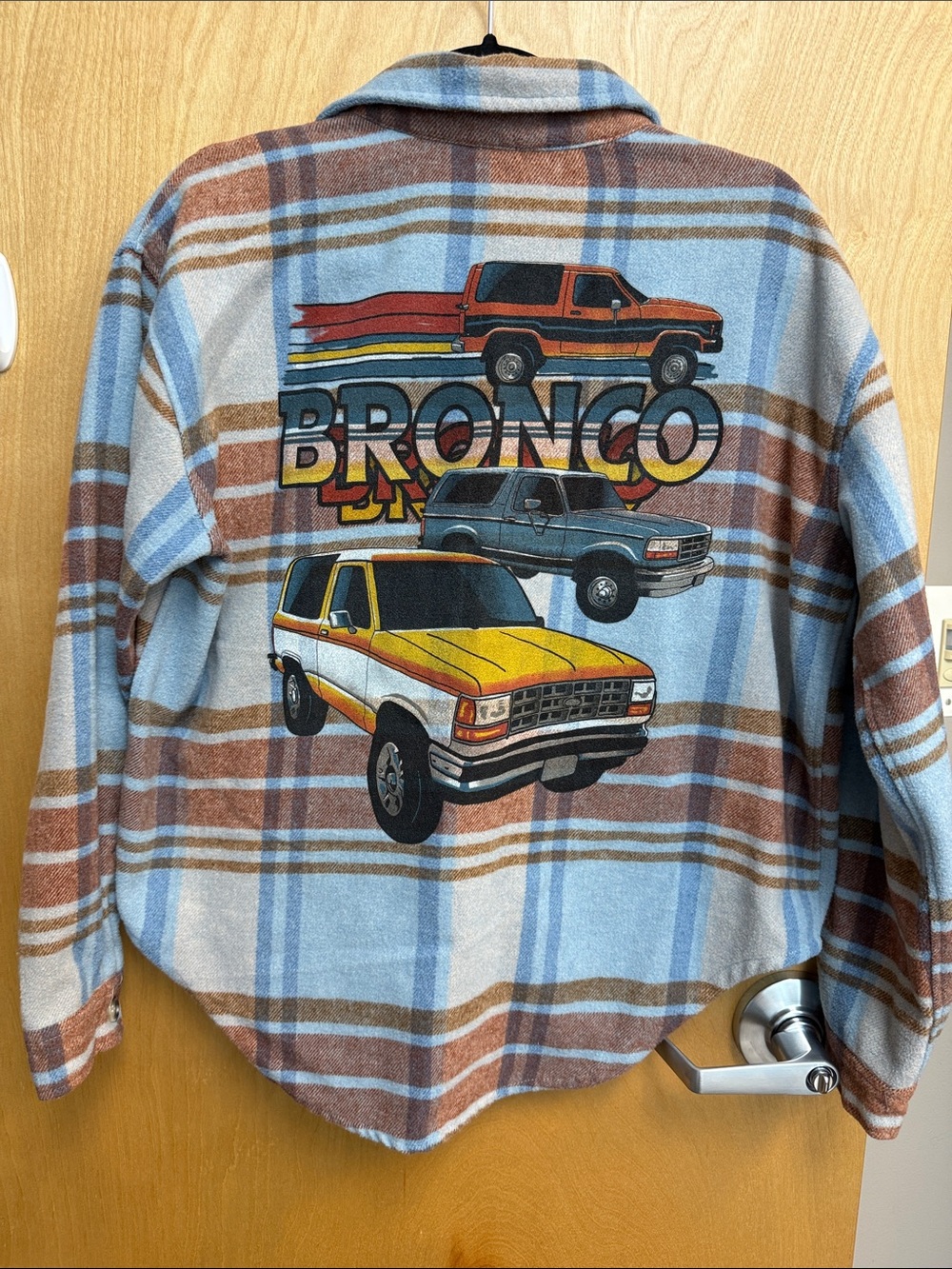 Vintage Ford Bronco Graphic Plaid Shacket - Blue, Brown, Yellow - XS